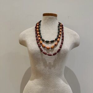Handmade Wood  Beads Multi-strand Beaded Necklace in Green, Orange and Burgundy